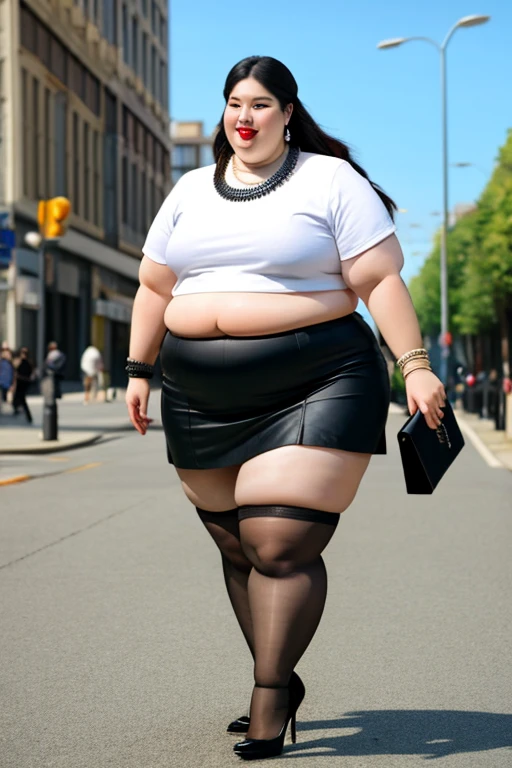masterpiece, best quality, live action photo, 140kg extremely obese woman, large stomach, H-type miniskirt, high heel, necklace, earring, bracelet