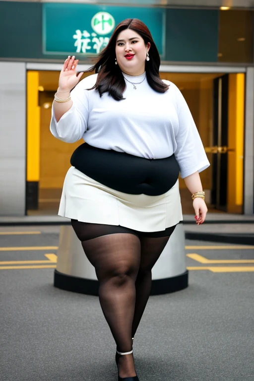 masterpiece, best quality, live action photo, 140kg extremely obese woman, large stomach, ?-type miniskirt, high heel, necklace, earring, bracelet