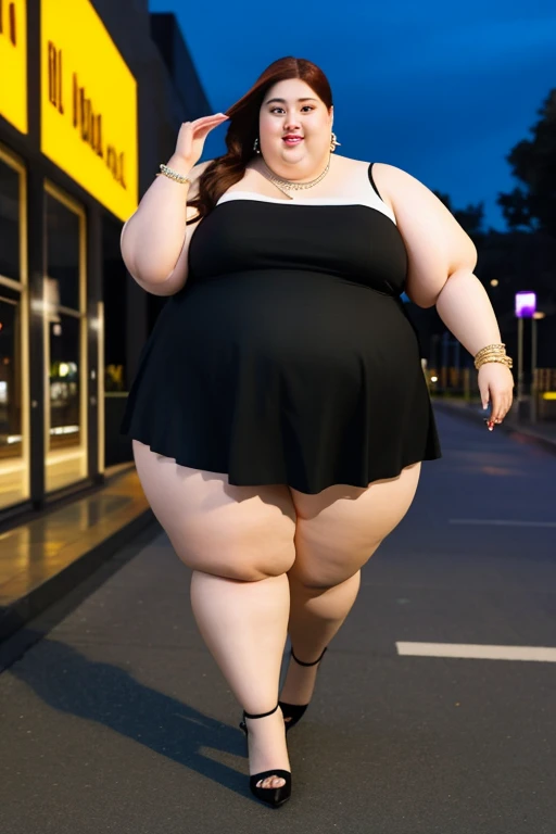 masterpiece, best quality, live action photo, 140kg extremely obese woman, large stomach, H-type miniskirt, high heel, necklace, earring, bracelet