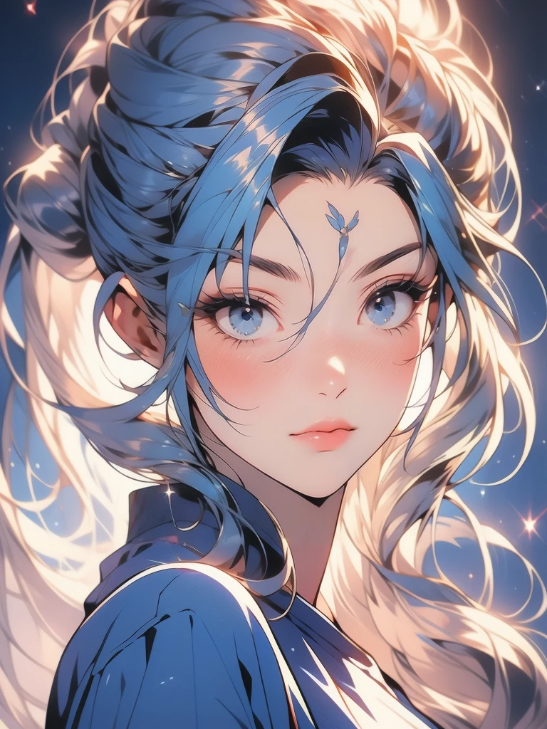 1girl, solo, portrait of a woman with blonde hair, long flowing pigtails, wearing a blue shirt, wearing a t-shirt, shirt tied in a shirt knot, exposed navel, anime illustration, anime girls, vivid colors, detailed facial features, dramatic lighting, digital painting, trending on ArtStation