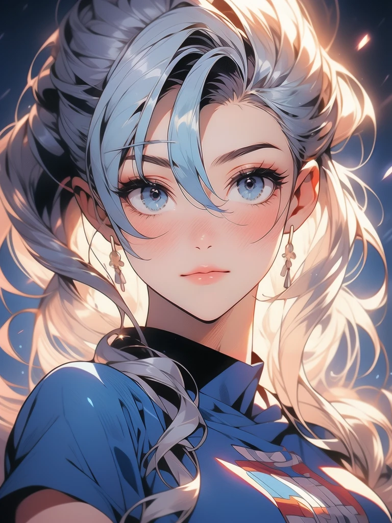 1girl, solo, portrait of a woman with blonde hair, long flowing pigtails, wearing a blue shirt, wearing a t-shirt, shirt tied in a shirt knot, exposed navel, anime illustration, anime girls, vivid colors, detailed facial features, dramatic lighting, digital painting, trending on ArtStation