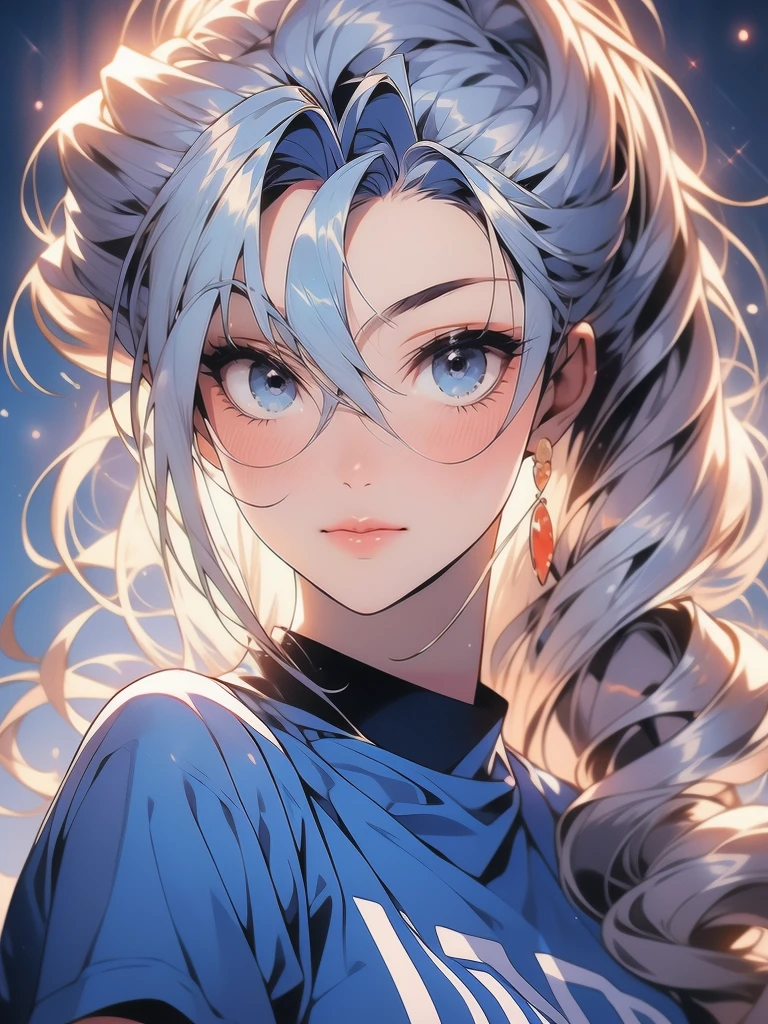 1girl, solo, portrait of a woman with blonde hair, long flowing pigtails, wearing a blue shirt, wearing a t-shirt, shirt tied in a shirt knot, exposed navel, anime illustration, anime girls, vivid colors, detailed facial features, dramatic lighting, digital painting, trending on ArtStation