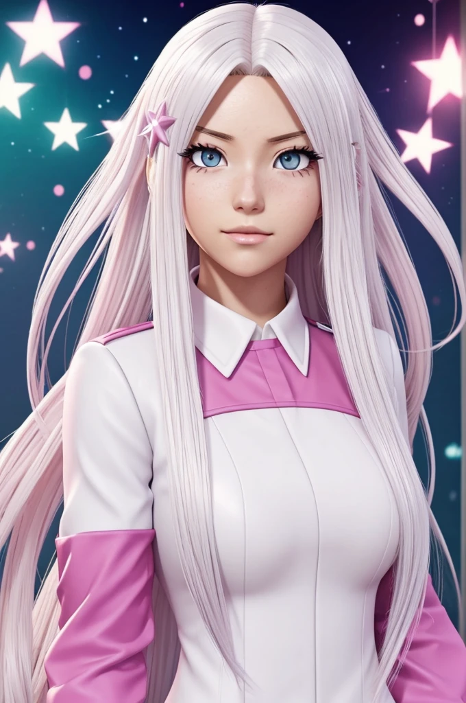 Screenshot My hero academia girl with long white hair with felo, pastel pink eyes,a white suit with pastel pink with stars