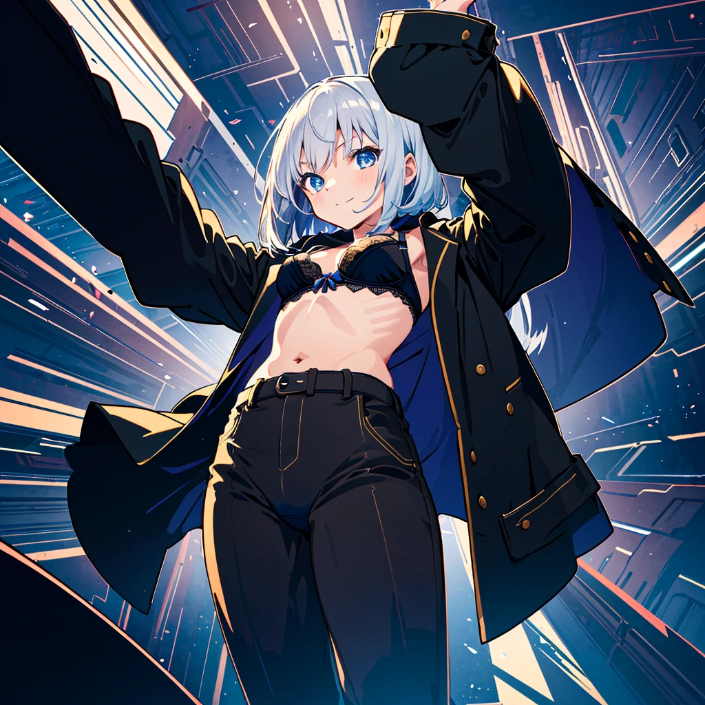 Absurd, Masterpiece, Best Quality, (Super Detailed), (Nice Hands, Perfect Hands), Ideal Proportions of the Body, BREAK (Vector Outline, Flat Color: 1.3), ((1girl)), Solo , core_9, score_8_up, score_7_up, source_anime, masterpiece, highest quality, 1 girl, (loli: 1.3), cute girl, 7 years old, (young: 1.8), fine blue eyes, (eye highlights), silver medium Bob hair: 1.2), big breasts, long hair, pants pulled up, panties, bra, lace, light smile, streaks, cinematic lighting, cinematic shadows, from below, dynamic angle,
