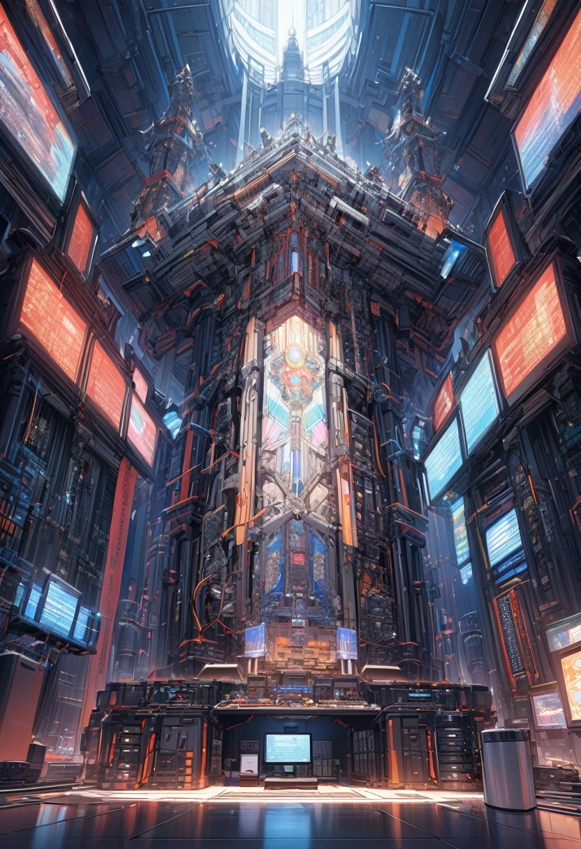 A temple, ((a supercomputer on the altar)), lots of cables, spotlights,
