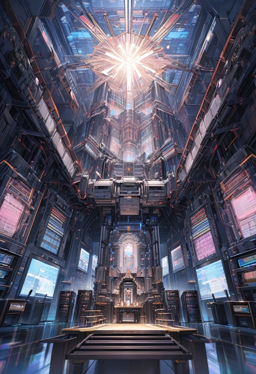 A temple, ((a supercomputer on the altar)), lots of cables, spotlights,