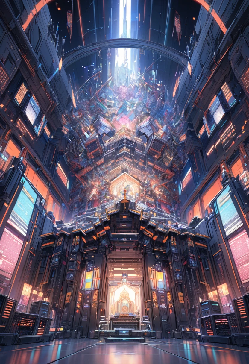 A temple, ((a supercomputer on the altar)), lots of cables, spotlights,