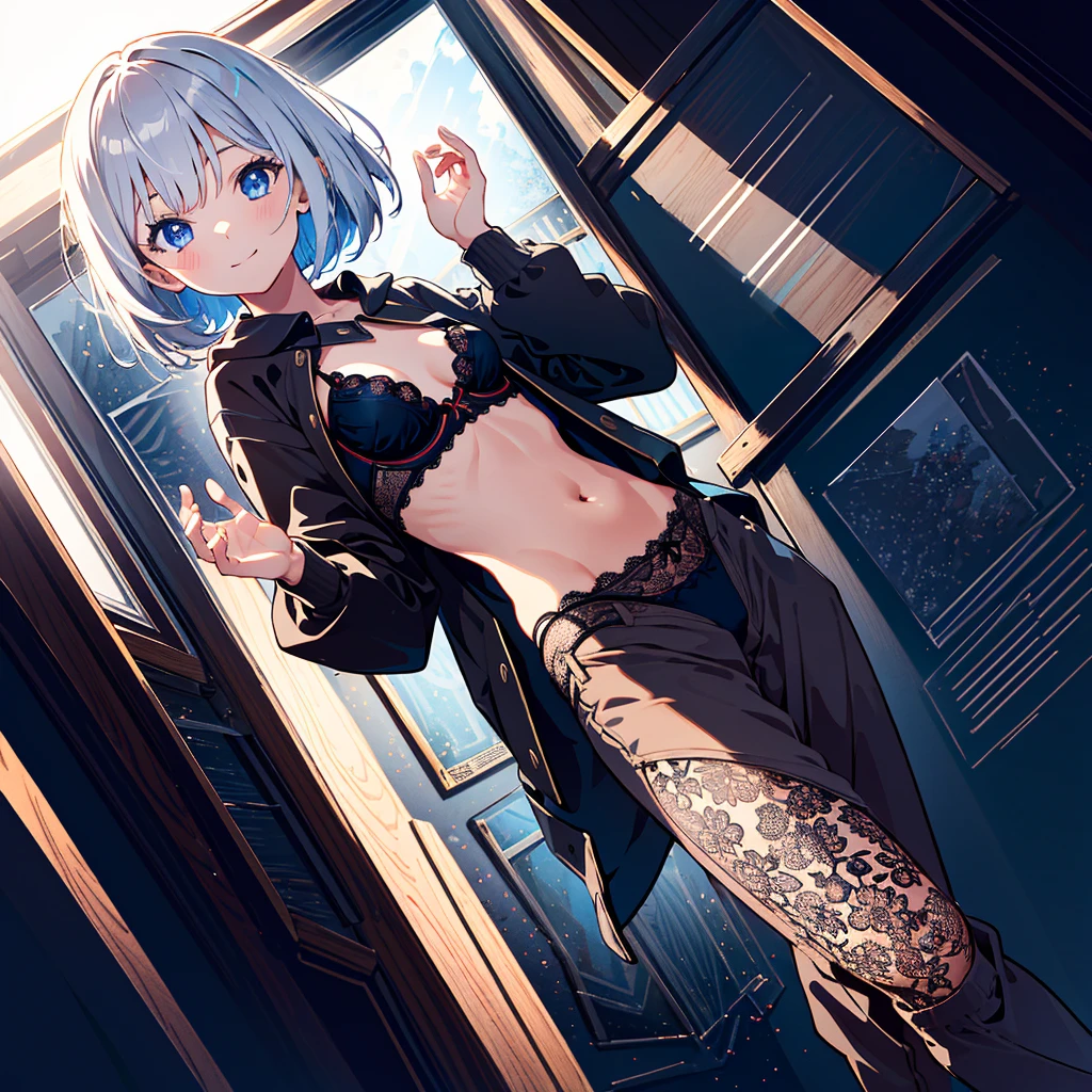 Absurd, Masterpiece, Best Quality, (Super Detailed), (Nice Hands, Perfect Hands), Ideal Proportions of the Body, BREAK (Vector Outline, Flat Color: 1.3), ((1girl)), Solo , core_9, score_8_up, score_7_up, source_anime, masterpiece, highest quality, 1 girl, (: 1.3), cute girl, 7 yeoung: 1.8), fine blue eyes, (eye highlights), silver medium Bob hair: 1.2), big breasts, long hair, pants pulled up, panties, bra, lace, light smile, streaks, cinematic lighting, cinematic shadows, from below, dynamic angle,