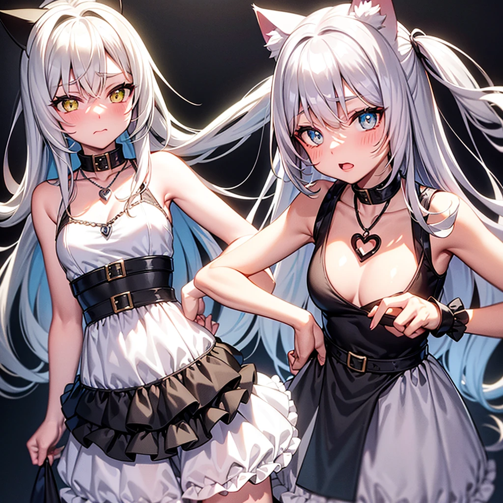 Jade-colored eyes and yellow eyes, silver hair, cat ears girl
heart necklace
long hair blush white dress