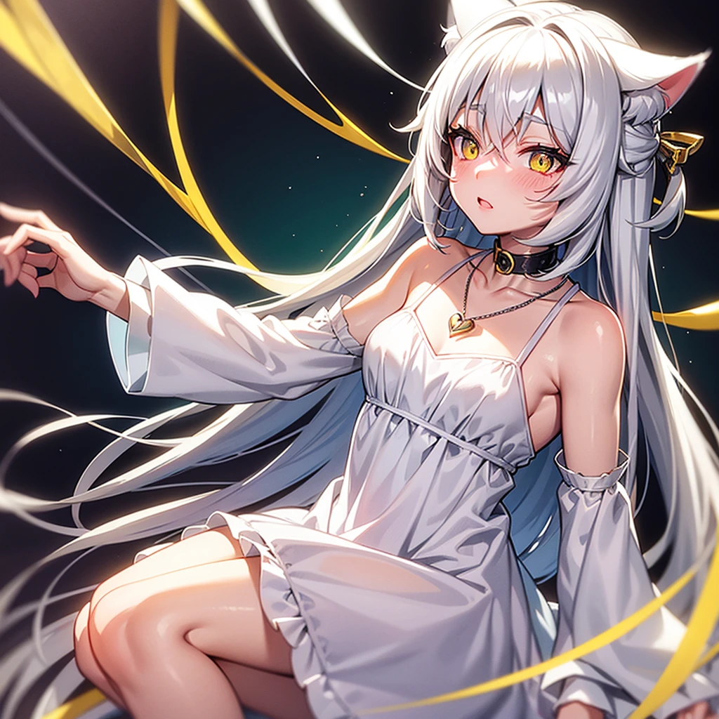 Jade-colored eyes and yellow eyes, silver hair, cat ears girl
heart necklace
long hair blush white dress