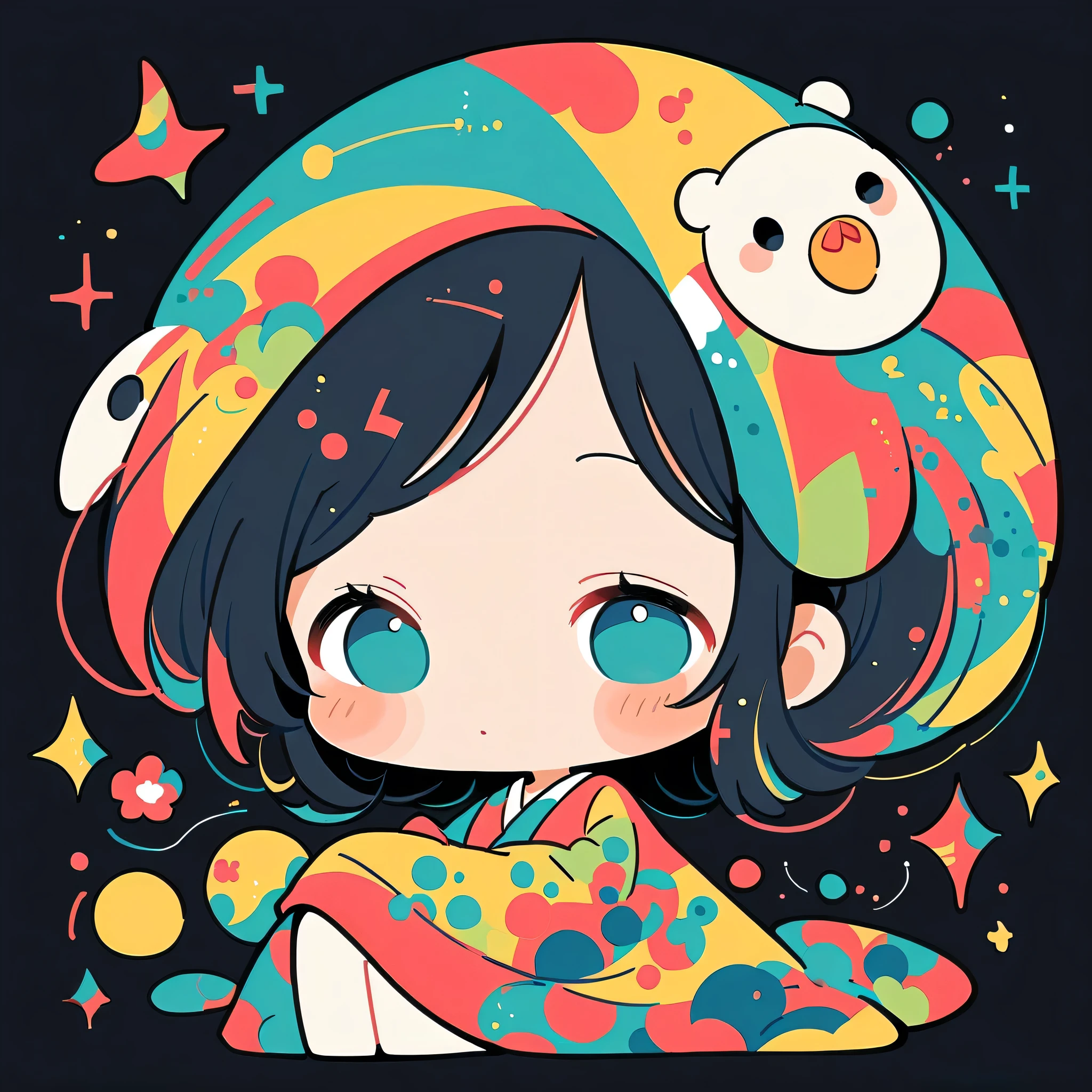 Takashi Murakami Style、The most beautiful girl of all time,Simple line initials、Abstract art、black Background, (((chibi))),