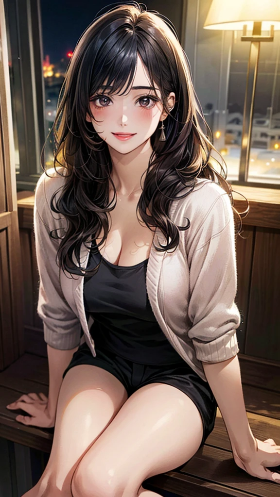 (masterpiece:1.3, Highest quality, Ultra-high resolution, Super detailed), (Realistic, photoRealistic:1.4), Beautiful illustrations, Perfect lighting, Natural light, Depth of written boundary,
Beautiful detailed hair, Beautifully detailed face, Beautiful attention to detail, Beautiful clavicle, Beautiful body, Beautiful breasts, Beautiful thighs, Beautiful feet, Beautiful Hands,
View your viewers, 1 girl, Very cute girl, , (Perfect Anatomy, Anatomically correct), Cute and symmetrical face, Baby Face, Pce, Perfect Eyes, Glowing Skin,
(Mid-length hair:1.8, Wavy Hair, Black Hair), bangs, Iris, Slanted Eyes, Long eyelashes, (Large Breasts, juicy thighs, Attractive thighs),
(Salmon pink T-shirt, Jacket, Wool shorts),
(Beautiful views), night, Bedroom, Sitting, (Various sexy poses), (Cute smile, Upward glance, Lips parted),