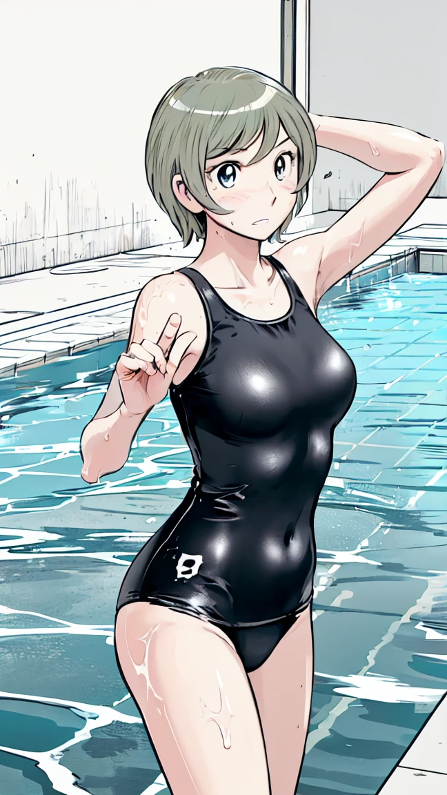 blonde, (short hair:1.2)、((People illustrations))、Big Breasts、
View your audience,, (Highest quality:1.3),Blue Eyed Star Piece、Highest quality)、Highest quality, Ultra-high resolution, (((masterpiece))), alone, Sweat、Big eyes、Big Breasts、One Girl, Front view、Embarrassed face、Bronze colored hair、((short hair))、One Girl, alone, blush, Big Breasts,
Bare arms, Wet, Pool, 青いSchool Swimsuit, Thighs, Place your arms at your sides, Bare arms, Cowboy Shot, Are standing, School Swimsuit,bite、High Leg、mansuji