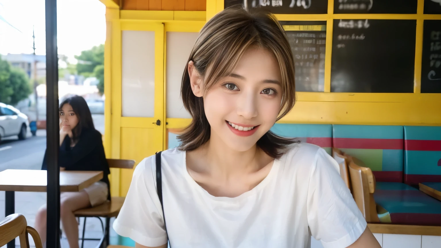 super high quality, smile, Slenderのネックレス, Slender, Gravure photoshoot, The staff is working at the counter in the back., (8k、RAW Photos、Highest quality、masterpiece:1.2), Stylish café, (Realistic、Photorealistic:1.37), Beautiful Face , Urban Cafe, Golden Ratio, Raw photo, Light Brown Hair, Small breasts, Bright cafe interior, Blurred Background, Famous actress, Summer clothes, Beautiful hairstyle, Photographed inside the cafe, Hair blowing in the wind, Neat clothes, T-Shirts, 18-year-old, Cool older sister, Stylish clothes, 
