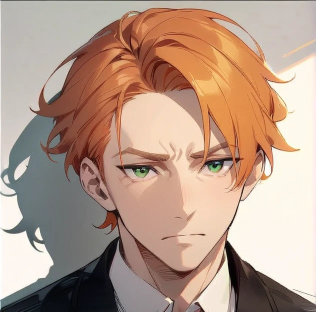 ((masterpiece)), (1boy), (A nobleman with a wild air), ((Man with short orange hair)), ((Beautiful, narrow green eyes)), (Brow wrinkles), (Wearing a suit with the collar unbuttoned), White background, ((Ultra-high resolution)), (Handsome man with a difficult personality)