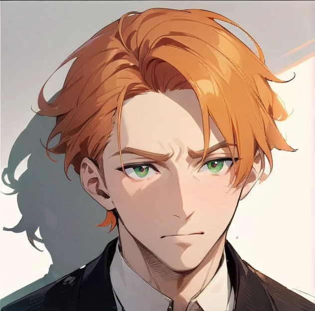 ((masterpiece)), (1boy), (A nobleman with a wild air), ((Man with short orange hair)), ((Beautiful, narrow green eyes)), (Brow wrinkles), (Wearing a suit with the collar unbuttoned), White background, ((Ultra-high resolution)), (Handsome man with a difficult personality)