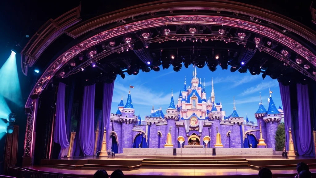 An empty Disneyland-style outdoor show stage during the day。Stage background color々The musical score is drawn