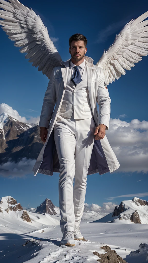 a male 35 year old angel, white coat, with thousands wings, his size is tall than a mountain, stand between two mountains, ultra definition, best quality, 32k ultra, ultra HD.