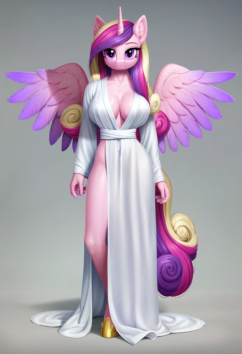 score_9, score_8_up, score_7_up, score_6_up, score_5_up, score_4_up,  by aki99, source_pony, rating_questionable, masterpiece, countershading, detailed soft lighting BREAK
anthro pony princess cadance wearing a silver bath robe, long hair, joyful, oiled, shiny, large breasts, full body, ear fluff, fashion show background, sexy pose