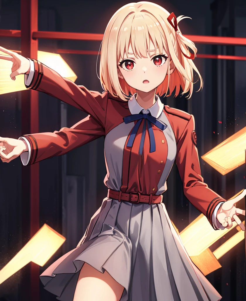 They haven't even toned it down, Nishikigi chisato, short hair, bangs, Blonde, (Red eyes:1.5), hair ribbon, One side up, Bobcut,
break shirt, Long sleeve, dress, ribbon, White shirt, Collared shirt, belt, neck ribbon, red dress, blue ribbon, pleated dress, grey dress, two-tone dress, red belt, Uniform sake,,
break outdoors, city,
break looking at viewer, break (masterpiece:1.2), Highest quality, High resolution, unity 8k wallpaper, (figure:0.8), (Beautiful attention to detail:1.6), Highly detailed face, Perfect lighting, Highly detailed CG, (Perfect hands, Perfect Anatomy),