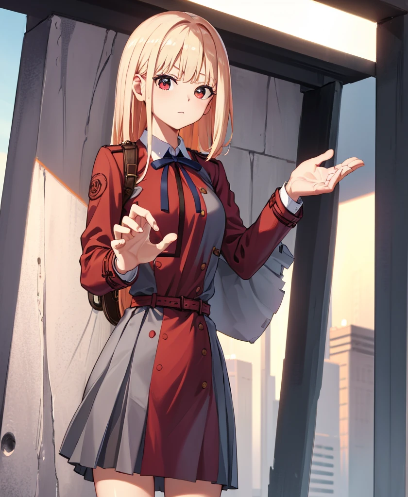 They haven&#39;t even toned it down, Nishikigi chisato, short hair, bangs, Blonde, (Red eyes:1.5), hair ribbon, One side up, Bobcut,
break shirt, Long sleeve, dress, ribbon, White shirt, Collared shirt, belt, neck ribbon, red dress, blue ribbon, pleated dress, grey dress, two-tone dress, red belt, Uniform sake,,
break outdoors, city,
break looking at viewer, break (masterpiece:1.2), Highest quality, High resolution, unity 8k wallpaper, (figure:0.8), (Beautiful attention to detail:1.6), Highly detailed face, Perfect lighting, Highly detailed CG, (Perfect hands, Perfect Anatomy),