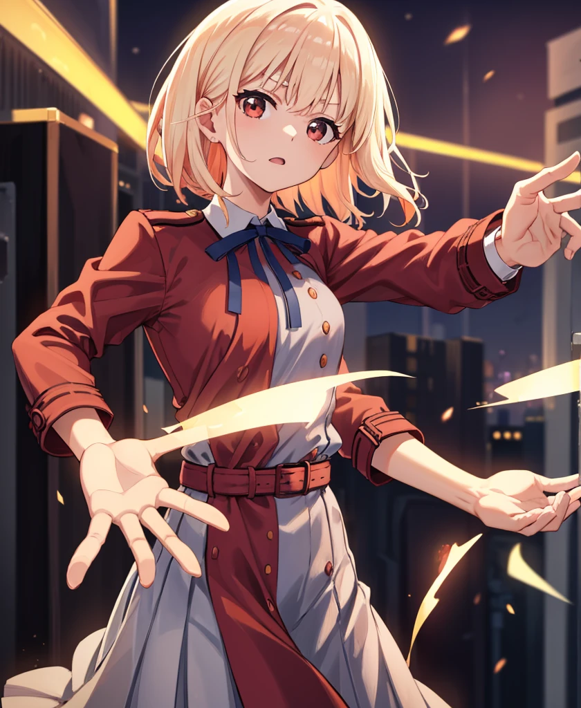 They haven't even toned it down, Nishikigi chisato, short hair, bangs, Blonde, (Red eyes:1.5), hair ribbon, One side up, Bobcut,
break shirt, Long sleeve, dress, ribbon, White shirt, Collared shirt, belt, neck ribbon, red dress, blue ribbon, pleated dress, grey dress, two-tone dress, red belt, Uniform sake,,
break outdoors, city,
break looking at viewer, break (masterpiece:1.2), Highest quality, High resolution, unity 8k wallpaper, (figure:0.8), (Beautiful attention to detail:1.6), Highly detailed face, Perfect lighting, Highly detailed CG, (Perfect hands, Perfect Anatomy),