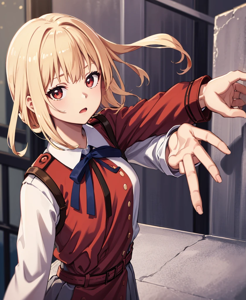 They haven&#39;t even toned it down, Nishikigi chisato, short hair, bangs, Blonde, (Red eyes:1.5), hair ribbon, One side up, Bobcut,
break shirt, Long sleeve, dress, ribbon, White shirt, Collared shirt, belt, neck ribbon, red dress, blue ribbon, pleated dress, grey dress, two-tone dress, red belt, Uniform sake,,
break outdoors, city,
break looking at viewer, break (masterpiece:1.2), Highest quality, High resolution, unity 8k wallpaper, (figure:0.8), (Beautiful attention to detail:1.6), Highly detailed face, Perfect lighting, Highly detailed CG, (Perfect hands, Perfect Anatomy),