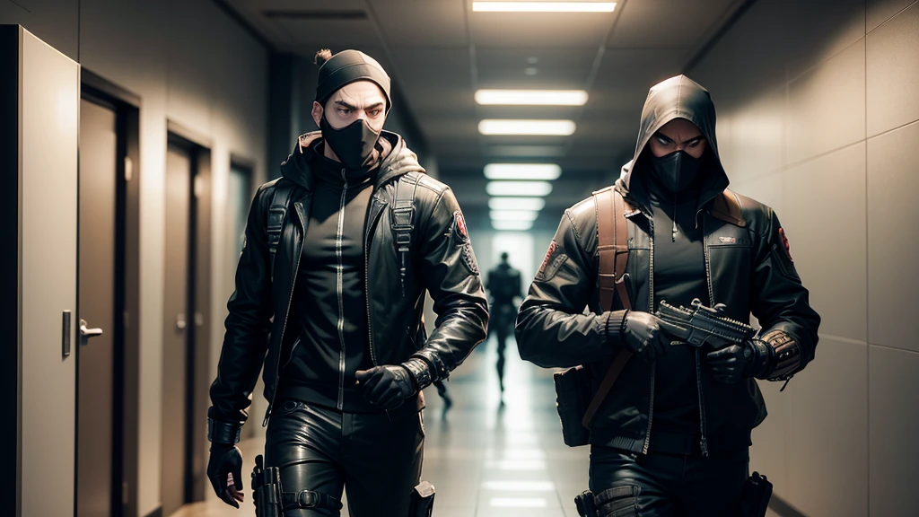 There is a masked man in the hallway、Man with a gun, Bank Robbery, Invisibility Suit, 3D Rendering Character Art 8k, Cyberpunk Street Thugs, Bank Robbery movie, Avant-garde young assassin, , 《Metal Gear》Jetstream Sam, Bank Robbery, Metal Gear风格, Bad guy anime 8k, Resident Evil game background, videogame character, Grab the money
