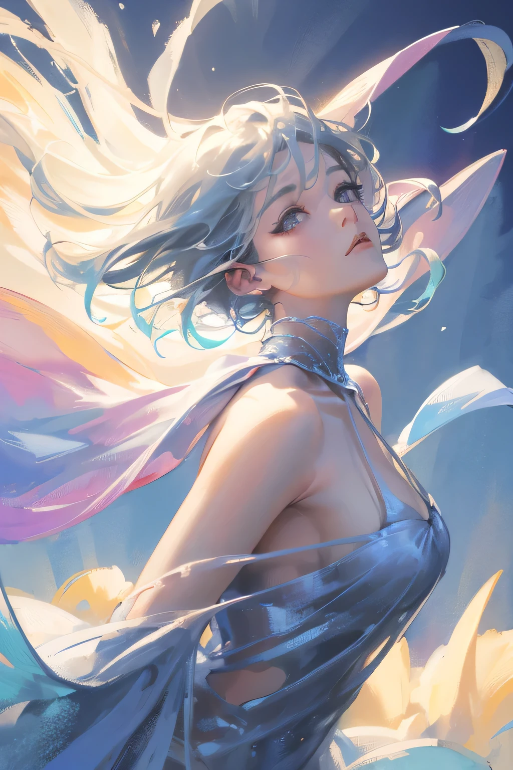 (Close-up image:1.4)((masterpiece:1.5,Highest quality,Beautiful images、2.5D、Abstract、Artistic、Watercolor))(One girl, 独奏)(Cute Girls、large breasts, Gray Hair、short hair、Beautiful breasts、Beautiful breasts cleavage),(profile、Look at an angle、shake your head、Sad look, Floating Hair、Backlight)(Plain background:1.5)((Dynamic Angle:1.5)),camisole、See-through gown. ((from side))

