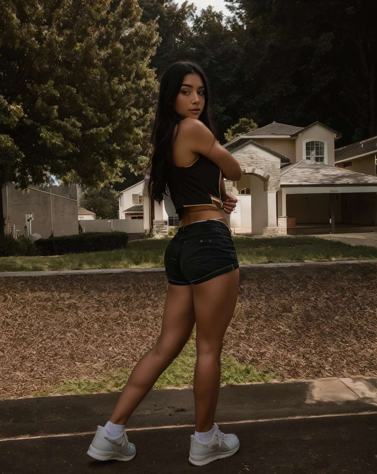 Beautiful latina girl with black hair wearing a (crop top and shorts) (at a park), (top down pov) highly detailed, 22 years old, , , innocent face, natural wavy hair, brown eyes, high resolution, Masterpiece, Best quality, Intricate high detail, Highly detailed, Sharp focus, Detailed skin, realistic skin texture, texture, detailed eyes, professional, 4k, charming smile, shot on Canon, 18mm, shallow depth of field, Kodak Vision Color, Perfect Fit Body , extremely detailed, photography_\(ultra\), Photorealistic, Realistic, Post-processing, maximum details, roughness, real life, ultra realistic, Photorealism, photography, 8k UHD, photography, busty