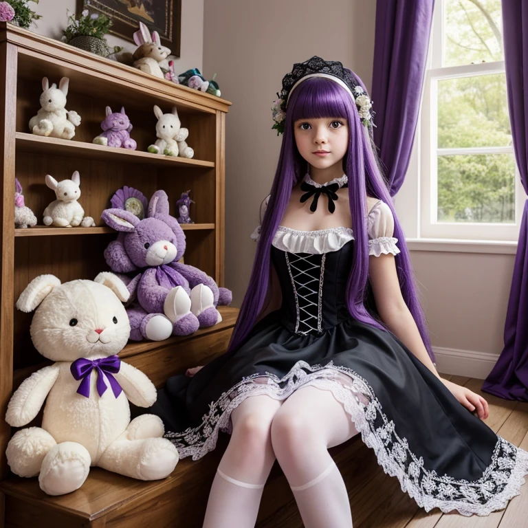 A highly detailed illustration of a young girl with long, flowing purple hair and large, expressive purple eyes. She is wearing a black Gothic Lolita dress with white lace and a black headpiece adorned with flowers. The girl is sitting amidst a large collection of plush toys, primarily bunnies of various colors and sizes, filling the room. The setting appears to be a warmly lit room with large windows allowing sunlight to filter in, creating a cozy and inviting atmosphere. The overall scene gives a sense of innocence and nostalgia, with the girl's delicate appearance and the abundance of stuffed animals enhancing the whimsical and charming nature of the image.