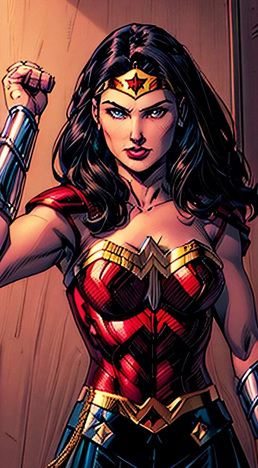 1 woman, solo, Diana Prince (Wonder Woman), mommy, strong, breast, upper body shot, ((black and red colors armor)), skycrapers, ((masterpiece)), female focus, long hair, black hair, flowing hair, face focus, soft smile, Lasso hanging on the waist, tiara