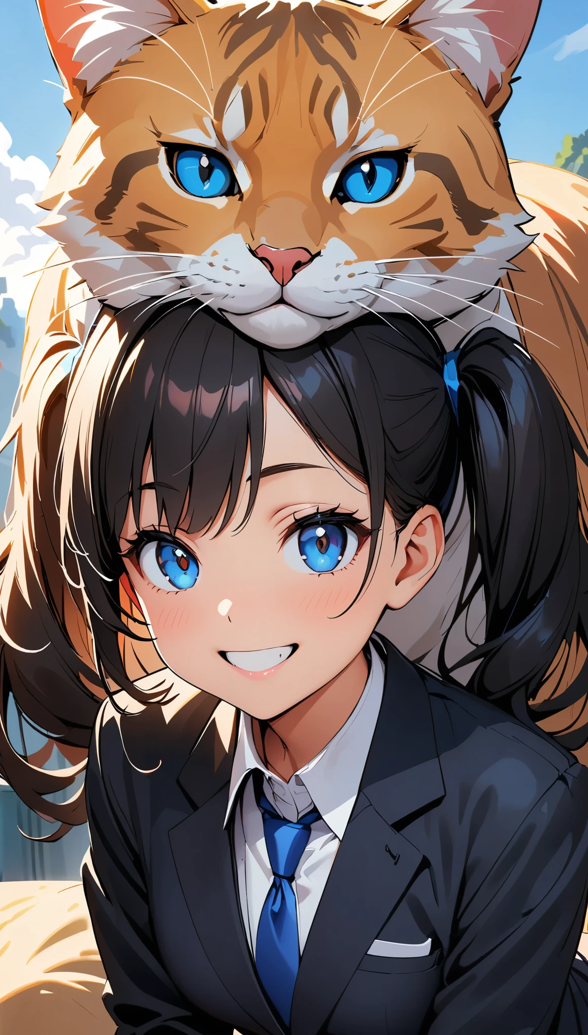 ((Giant cat and girl)), Black Hair, Twin tails, blue eyes, Collared shirt, Blue tie, , smile, Giant cat and girlが並ぶ, Focus on cats, Meeting a giant cat:1.2, (Highest quality:1.2, Very detailed, Attention to detail, digital coloring, High Contrast, masterpiece:1.2, Best aesthetics).