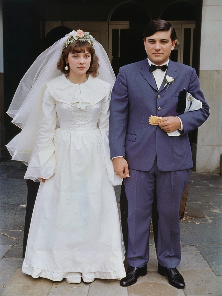 The girlfriend and the boyfriend in formal attire standing in front of a building, Mom and Dad, color photo, colored photo, a colored photo, old color photograph, wedding photo, old color photo, colored photo, historical image, colored, color photo de época, restored color, The girlfriend and the boyfriend, colored photo, Color photography from the 60s., late 1960s