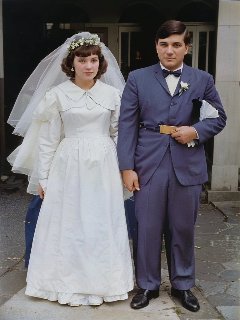 The girlfriend and the boyfriend in formal attire standing in front of a building, Mom and Dad, color photo, colored photo, a colored photo, old color photograph, wedding photo, old color photo, colored photo, historical image, colored, color photo de época, restored color, The girlfriend and the boyfriend, colored photo, Color photography from the 60s., late 1960s