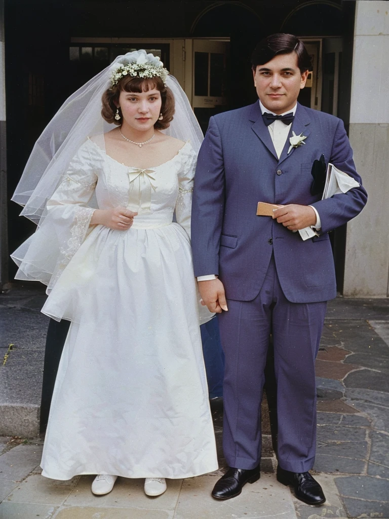 The girlfriend and the boyfriend in formal attire standing in front of a building, Mom and Dad, color photo, colored photo, a colored photo, old color photograph, wedding photo, old color photo, colored photo, historical image, colored, color photo de época, restored color, The girlfriend and the boyfriend, colored photo, Color photography from the 60s., late 1960s
