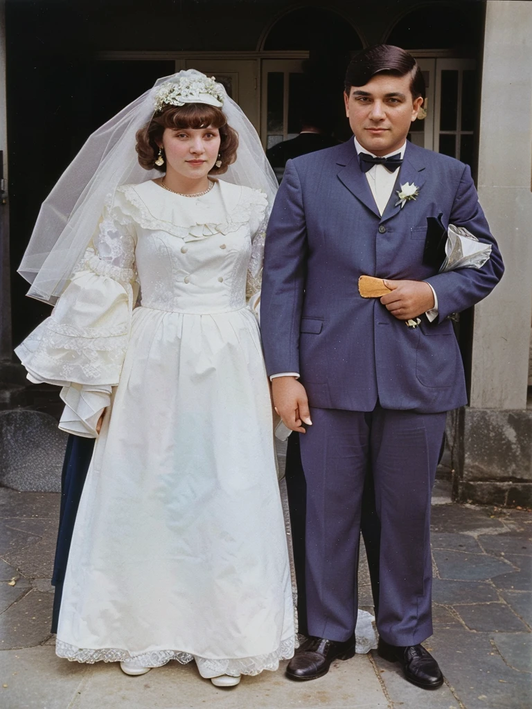 The girlfriend and the boyfriend in formal attire standing in front of a building, Mom and Dad, color photo, colored photo, a colored photo, old color photograph, wedding photo, old color photo, colored photo, historical image, colored, color photo de época, restored color, The girlfriend and the boyfriend, colored photo, Color photography from the 60s., late 1960s