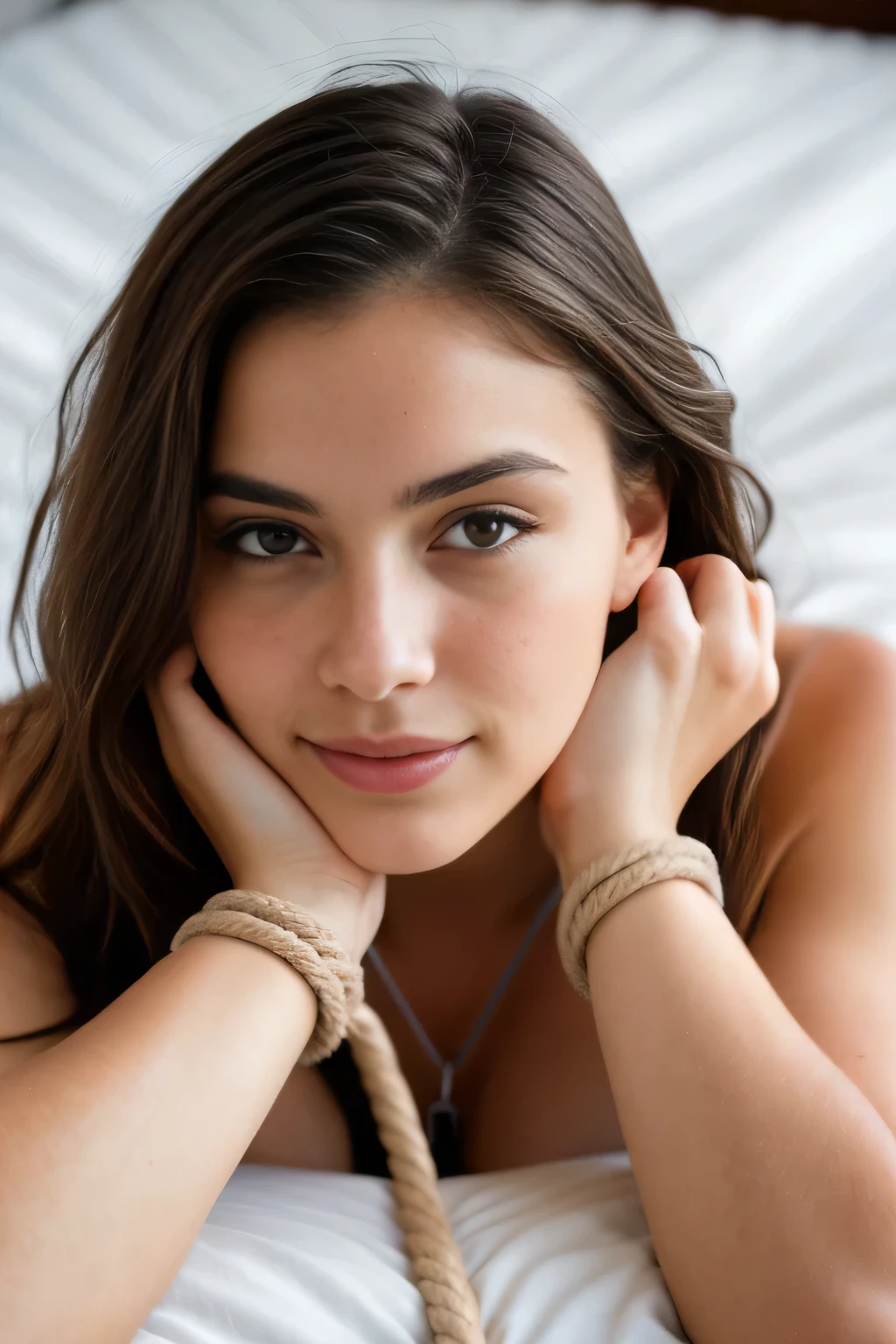 (portrait photo) of 18 years old girl, ((((lying on bed, wrists tied with a rope to the bed, bondage)))), empty room, looking at camera, sad, hyper-realistic skin, pores and freckles, (she has sand blonde hair, long, messy),((blue eyes)), her hair is pulled back over her ear, (naked, busty), healthy sun-kissed skin, blushing, she's in dark with natural light glow, radiant skin , sultry, tantalizing, perfectly framed face, perfect relaxed hands, perfect fingers, nail polish, (perfect portrait, incredible eyes:1.1), a work of art, beautiful composition, golden ratio, playful pleasure joy, inspiring, (highest quality fabric texture), every detail,Fine facial features – (Highest Quality) ,Leica camera film, High quality ○○ detailed – ○○ details ultra detailed(Ultra-fine ), Photorealistic, Extremely detailed(Extremely detailed) , (highest detail image, lens flare, realistic)○○ res – ○○ resolution ultra high res(A high resolution),playfully sexy and relaxed photos ((best quality)), ((masterpiece)), (detailed), perfect face, (close up face and breast)