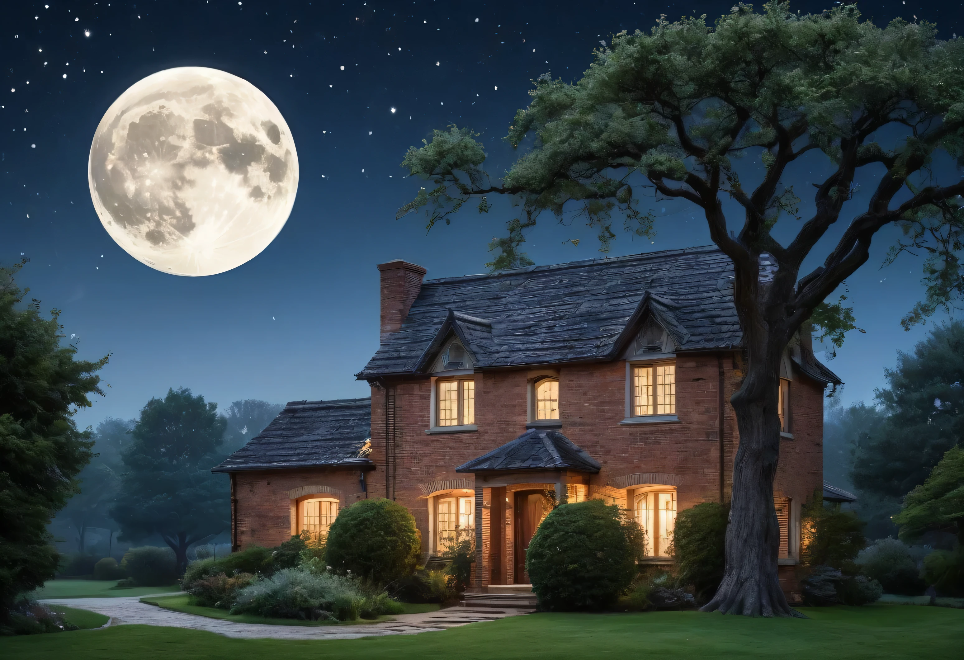 Generate a breathtakingly beautiful nighttime photo of a brick house with a single tree beside it, illuminated by the soft glow of moonlight. The brick house should have a rustic charm with a gabled roof and visible texture on the bricks. The tree next to the house is tall and majestic, with branches gently swaying in the night breeze. The scene is bathed in the serene, silvery light of a full moon hanging high in the clear, starry sky. The moonlight casts gentle shadows, highlighting the details of the house and the tree, while creating a tranquil and mystical atmosphere. The foreground includes a well-tended garden with subtle hints of foliage, adding depth to the scene. The overall composition should evoke a sense of calm and wonder, capturing the beauty of a peaceful night in the countryside.
