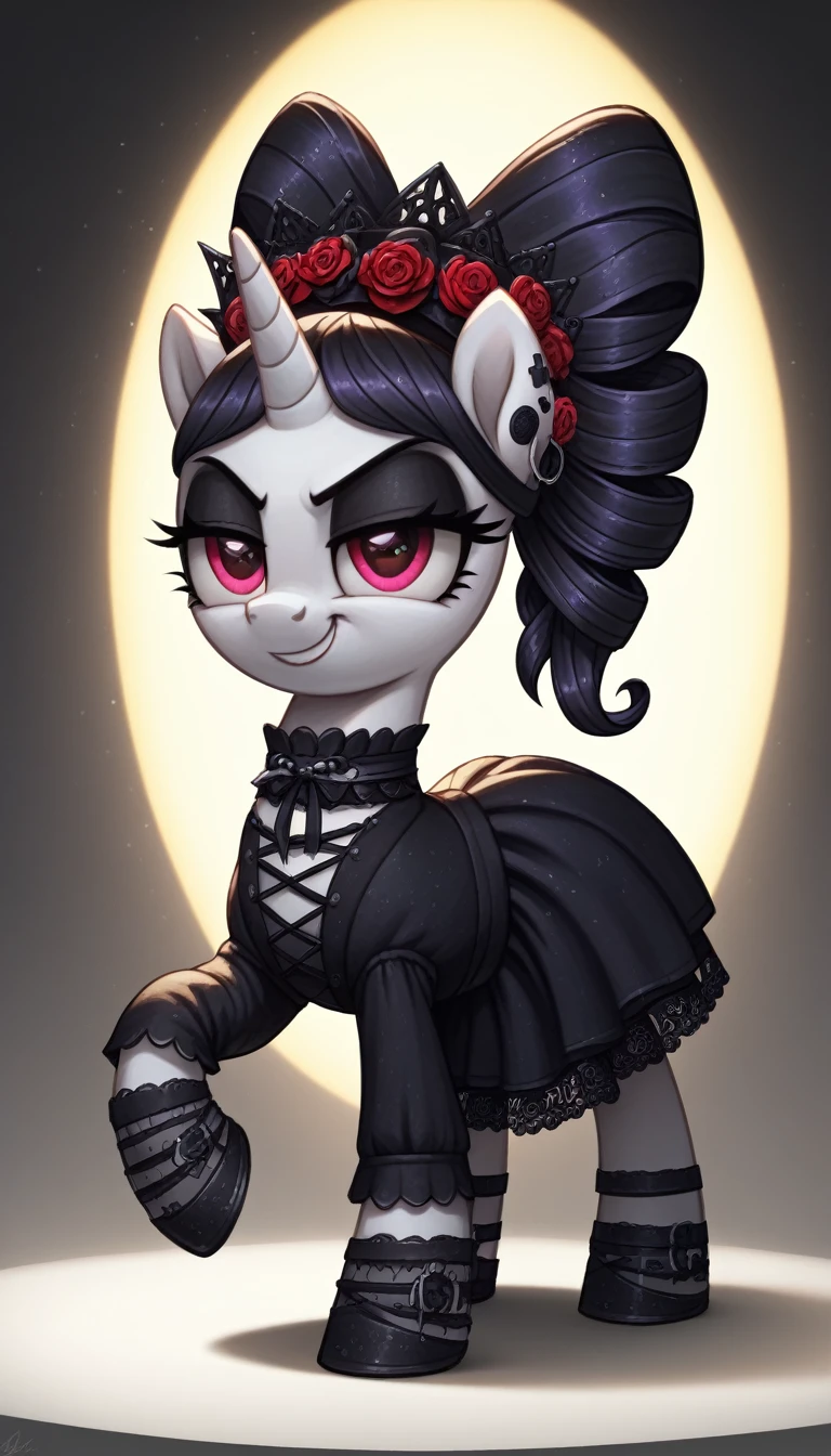 score_9,score_8_up,score_7_up,score_6_up, filly, unicorn, Gothic pony, lolita goth fashion, glowing backlight, fashion show, catwalk scene, glitter, whimsical, enchanted, magical, fantasy art concept, intricate details, smug smile, hyper bursting with breast_implant,_full_up with Helium