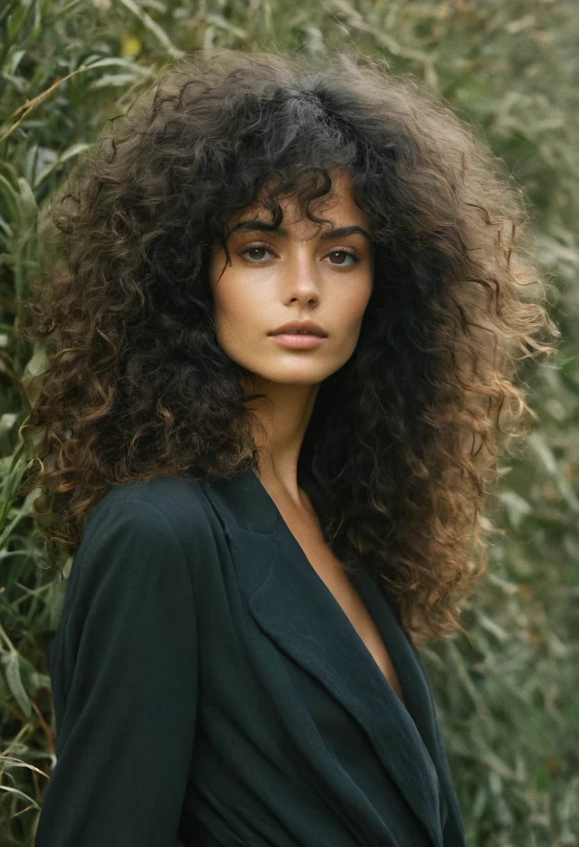 Photo prise d'une femme à l'exterieur. Elle pose en sous vetements. Elle a de longs cheveux noirs ondulés ébouriffés par la brise océanique. Rétroéclairage naturel aux heures dorées. positions multiples