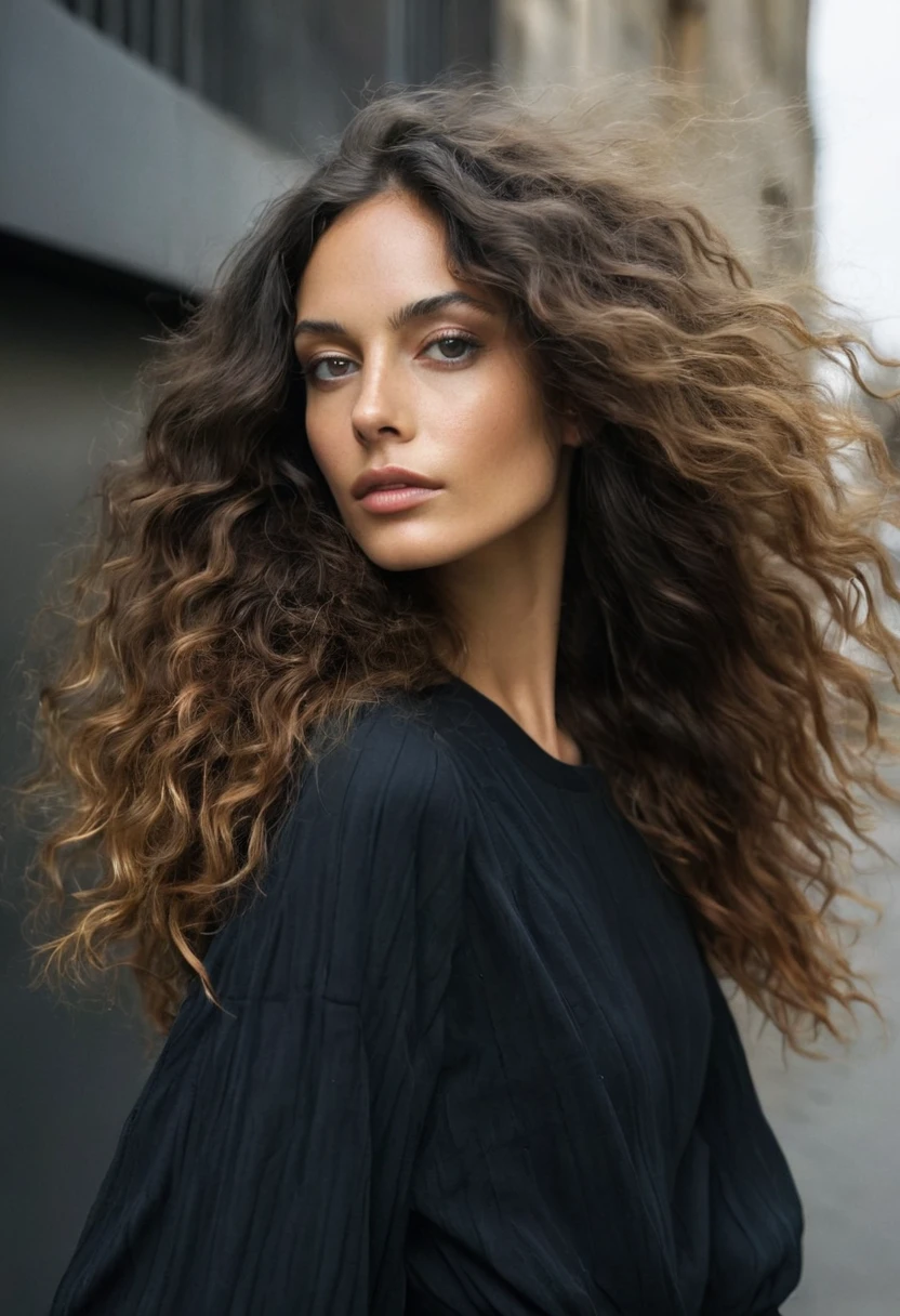 Photo prise d'une femme à l'exterieur. Elle pose en sous vetements. Elle a de longs cheveux noirs ondulés ébouriffés par la brise océanique. Rétroéclairage naturel aux heures dorées. positions multiples