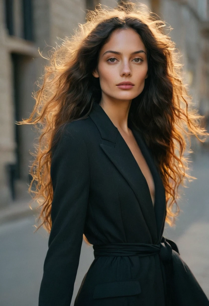 Photo prise d'une femme à l'exterieur. Elle pose en sous vetements. Elle a de longs cheveux noirs ondulés ébouriffés par la brise océanique. Rétroéclairage naturel aux heures dorées. positions multiples