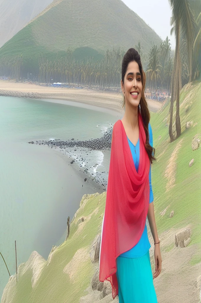 hires full body photo of a woman, sharvari wagh, outdoors, realistic skin texture, smiling, looking looking at camera, sleeveless turtleneck, smiling, beach background, beautiful bokeh