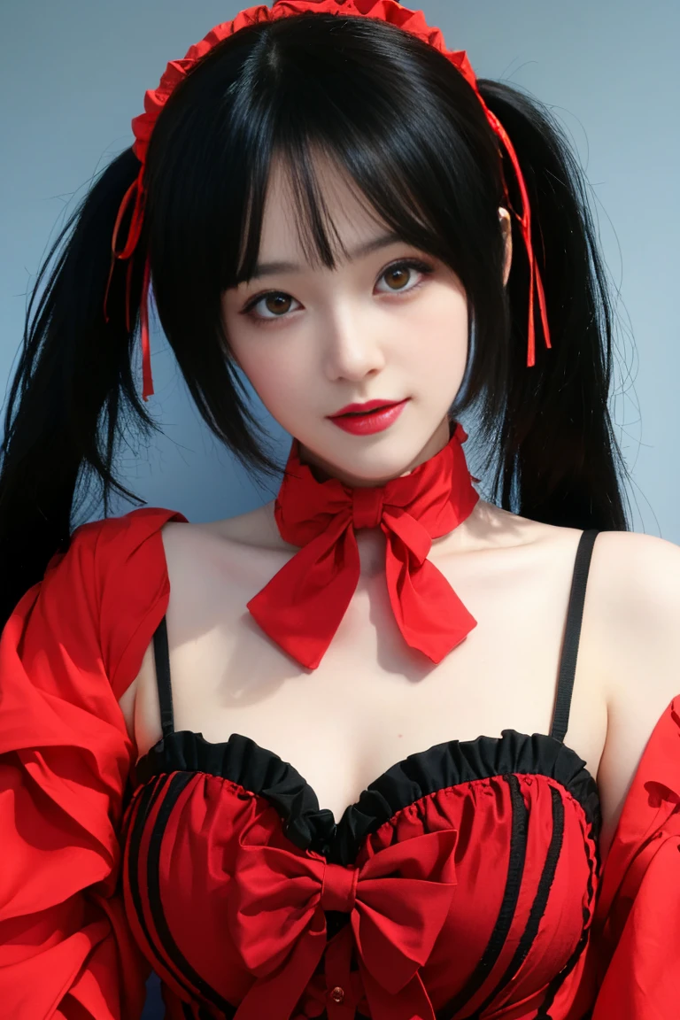 ulzzang-6500-v1.1,(raw photo:1.2),((photorealistic:1.30)), ((best quality)) ,((masterpiece)),((Ultra High Resolution)), ((Clear View)),,Ultra-high resolution,Clear face,（Reality：1.4) ,  illustration, an extremely delicate and beautiful, extremely detailed ,CG ,unity ,8k wallpaper, Amazing, finely detail, masterpiece,best quality,official art,extremely detailed CG unity 8k wallpaper,absurdres, incredibly absurdres, huge filesize, ultra-detailed, highres, extremely detailed,beautiful detailed girl, extremely detailed eyes and face, beautiful detailed eyes,light on face,cinematic lighting, kurumi tokisaki astral dress, (tokisaki kurumi:1.2), long hair, black hair, (red eyes:1.3), (twintails:1.5), (yellow eyes:1.3), hairband, (heterochromia:1.5), dress, (red dress:1.5), bare shoulders, collarbone, choker, bowtie, red bowtie, detached sleeves, corset, frills,