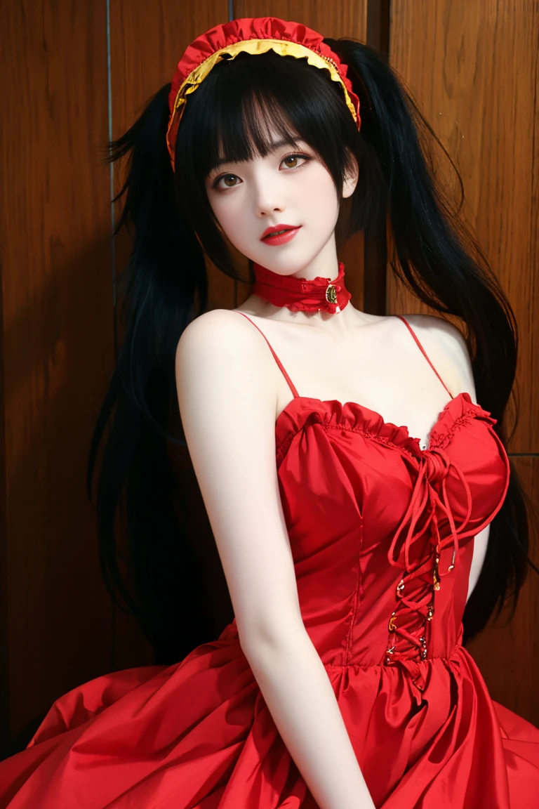 ulzzang-6500-v1.1,(raw photo:1.2),((photorealistic:1.30)), ((best quality)) ,((masterpiece)),((Ultra High Resolution)), ((Clear View)),,Ultra-high resolution,Clear face,(Reality:1.4) , illustration, an extremely delicate and beautiful, extremely detailed ,CG ,unity ,8k wallpaper, Amazing, finely detail, masterpiece,best quality,official art,extremely detailed CG unity 8k wallpaper,absurdres, incredibly absurdres, huge filesize, ultra-detailed, highres, extremely detailed,beautiful detailed girl, extremely detailed eyes and face, beautiful detailed eyes,light on face,cinematic lighting, kurumi tokisaki astral dress, (tokisaki kurumi:1.2), long hair, black hair, (red eyes:1.3), (twintails:1.5), (yellow eyes:1.3), hairband, (heterochromia:1.5), dress, (red dress:1.5), bare shoulders, collarbone, choker, bowtie, red bowtie, detached sleeves, corset, frills,