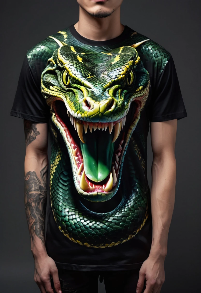 t-shirt design, Create a menacing black t-shirt with an entire Python motif inspired by heavy metal aesthetics. The artwork features an elegant style, gold and light green Python coiled sinuously, its scales shining in the dim light. Python, the mouth is wide open, revealing refined teeth files dripping with blood, exuding a raw feeling, primal aggression, clear sky and bright sun in the background, enhancing the sinister atmosphere of the design. Python's eyes shine with a malevolent glow, capturing the essence of danger and violence. The overall style is bold and intense, embodying the dark and edgy spirit of heavy metal music.