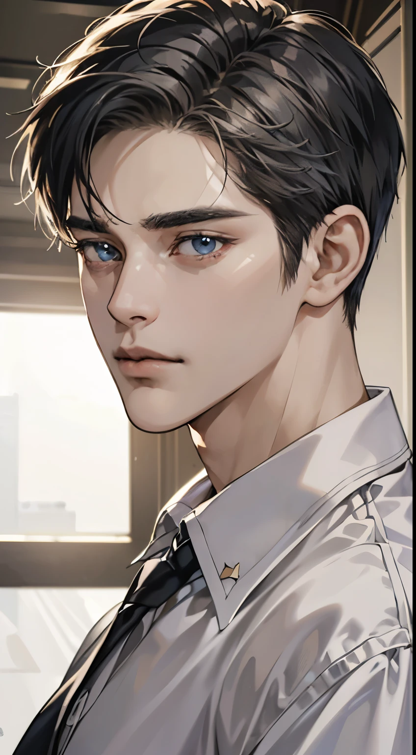 (best quality, masterpiece, 8K, photorealistic, cinematic lighting, hdr image, ultra detailed, beautiful image), 1 man, 31 years old, mature man, very handsome, (without expression, serious), short white hair, blue grey eyes ( penetrating gaze), perfect face without errors, imposing posture, without errors, businessman, office background
