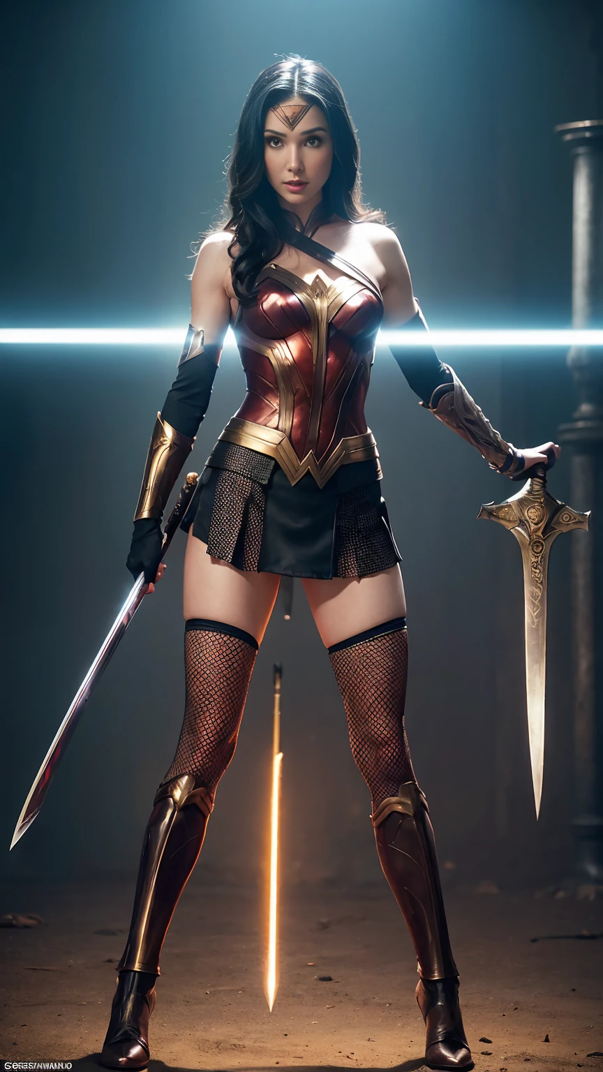 ((photo by full body, standing, Feet on the ground)) a woman dressed as a warrior holding a sword, sexy painting of gal gadot, fishnet pantyhose,, arte de fantasia de tyler edlin, fantasy woman, gal gadot as hell lord, zenoscope, a very beautiful berserker woman, magali villeneuve', as seen on artgerm, very beautiful barbarian woman, artgerm julie bell beeple, 4k fantasy artwork