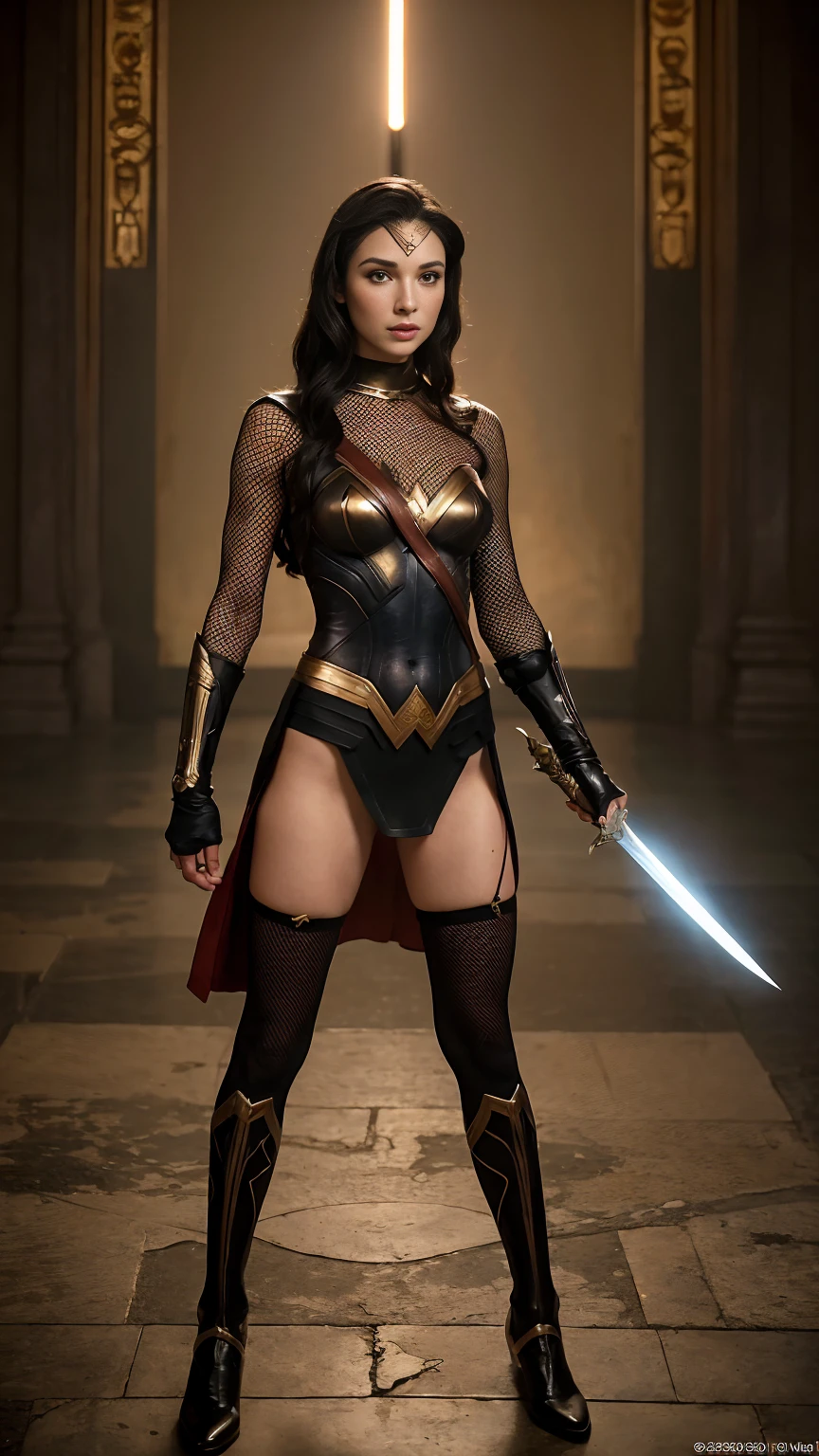 ((photo by full body, standing, Feet on the ground)) a woman dressed as a warrior holding a sword, sexy painting of gal gadot, fishnet pantyhose,, arte de fantasia de tyler edlin, fantasy woman, gal gadot as hell lord, zenoscope, a very beautiful berserker woman, magali villeneuve', as seen on artgerm, very beautiful barbarian woman, artgerm julie bell beeple, 4k fantasy artwork